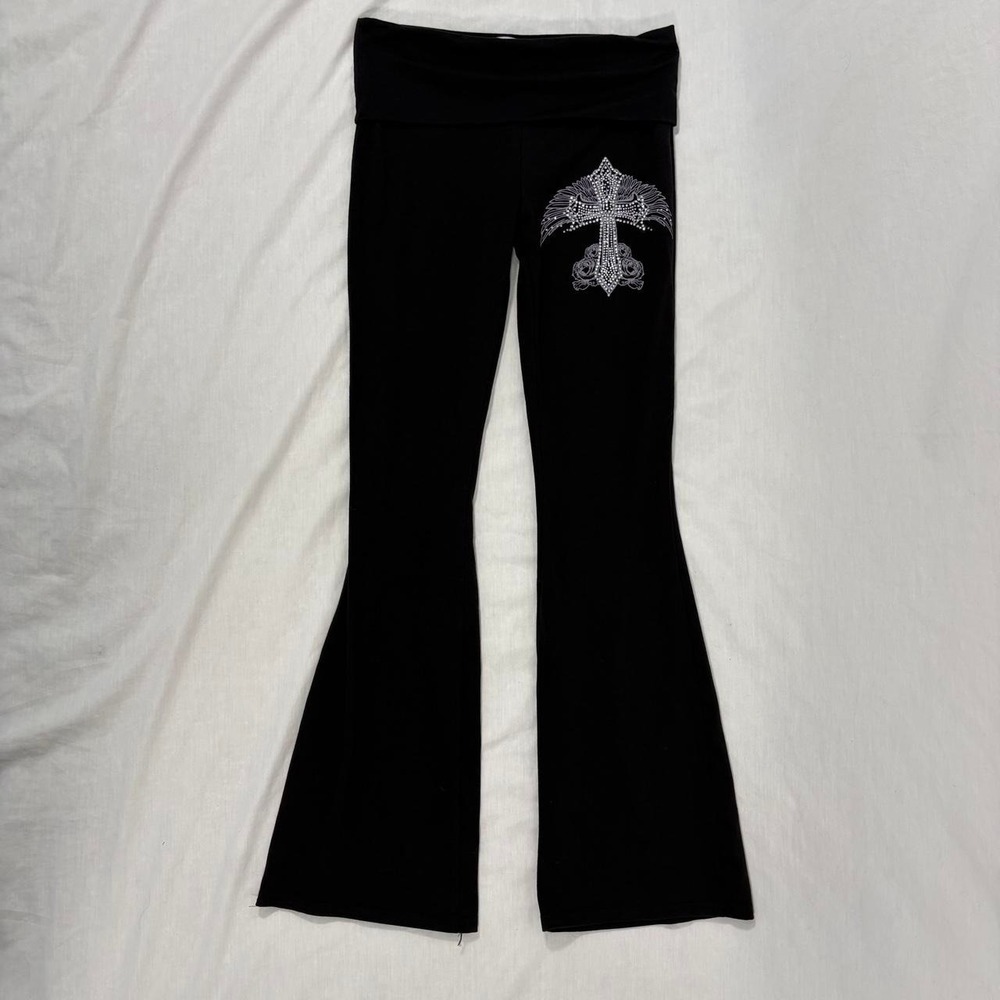 Urban Weekend black flare fold over leggings cross rhinestones size S grunge